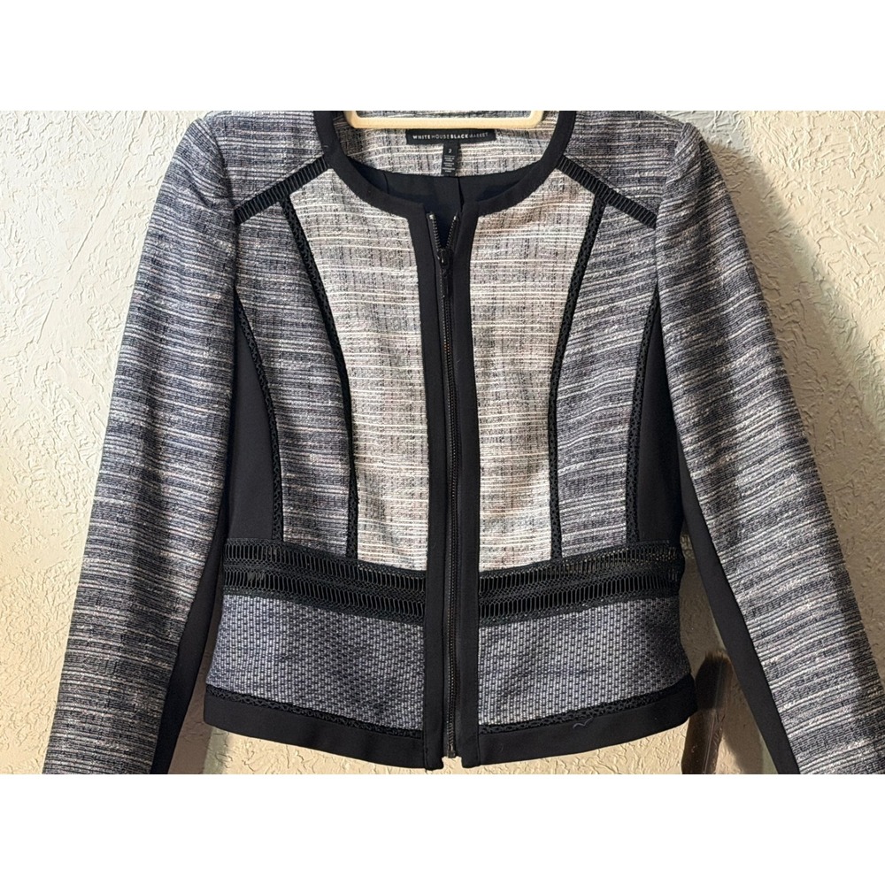 White House Black Market Mixed Tweed Ladder Lace Zip Jacket Grey Black Womens 2